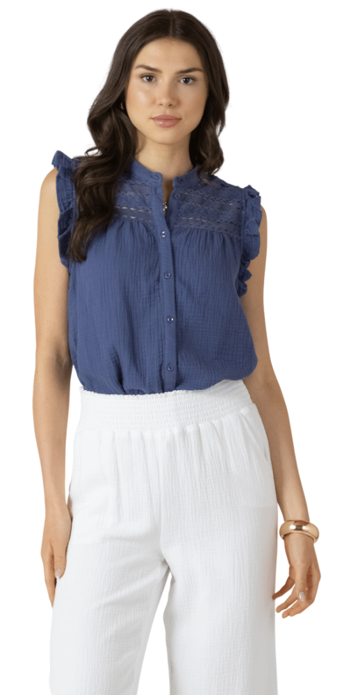 Lace Insert Button Front-13349-Blue-1
