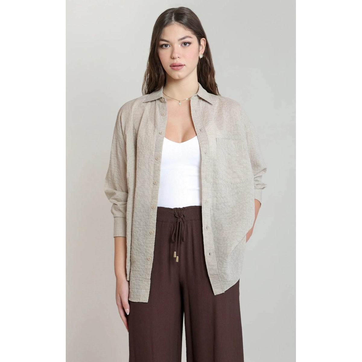 Oversized Textured Shirt-60866-Beige/Brown-1