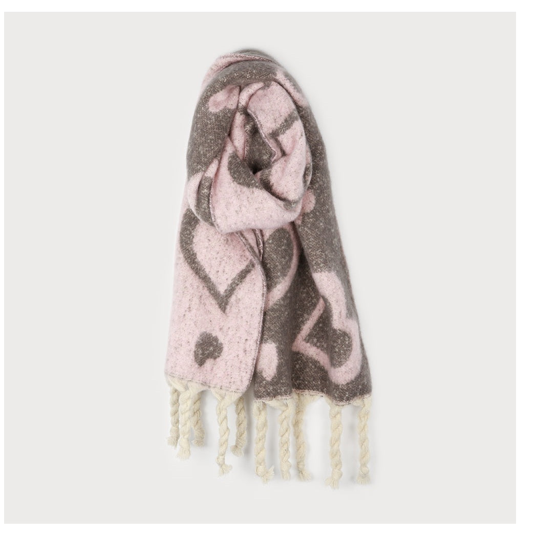 Grand Foulard Chaud Avec Imprimé Couers et Franges-PNK-Pink-1